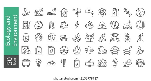 Conjunto simple de iconos de línea de vectores relacionados con la ecología y el medio ambiente. Contiene íconos como el coche eléctrico, el calentamiento global, los bosques, el reciclaje, la energía nuclear, la contaminación, el biocombustible y más. 
