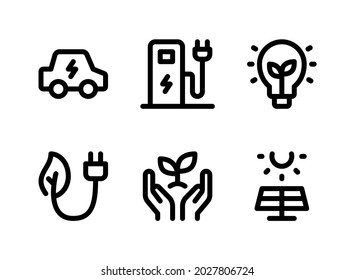 Conjunto simple de iconos de línea de vectores relacionados con la ecología. Contiene iconos como auto eléctrico, estación de carga, lámpara ecológica, enchufe y más.