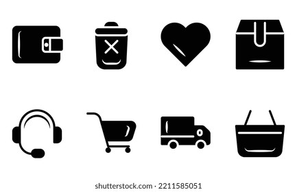 Conjunto simple de iconos de comercio electrónico conjunto de colecciones de iconos de compras en línea, comercio electrónico, diseño de símbolos para aplicaciones y sitios web sobre fondo blanco, ilustración de vectores. 