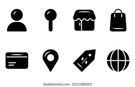 Conjunto simple de iconos de comercio electrónico conjunto de colecciones de iconos de compras en línea, comercio electrónico, diseño de símbolos para aplicaciones y sitios web sobre fondo blanco, ilustración de vectores. 