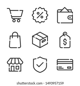 Simple set of ecommerce line icons. Cart, credit card, discount, shopping bag and more. Editable stroke