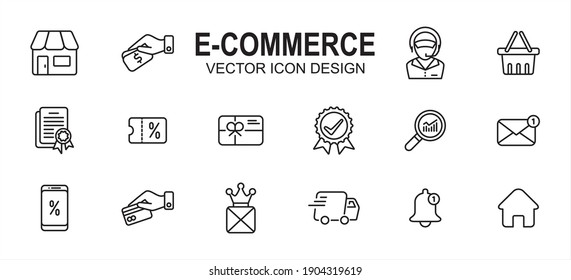 Simple Set of e-commerce online shop Related Vector icon user interface graphic design. Contains such Icons as gift box, payment, credit, marketplace, front shop, payment, basket, certified, discount