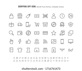 Simple Juego de Interfaz de Usuario de Aplicación de Compras en Línea de Ecommerce. Tales como Tienda, Orden, Ropa, Carro, Entrega, Precio Etiqueta, Cartera Electrónica. Vector de iconos de contorno de línea delgada. 48x48 Pixel Perfecto. Trazo editable.