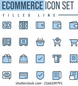 Einfache Set von E-Commerce-bezogenen Vektorgrafik-Fullline-Symbolen. lineares Stilzeichen für mobiles Konzept und Webdesign. E-Commerce-gefüllte Linie Vektorsymbol. Symbol, Logo-Abbildung.