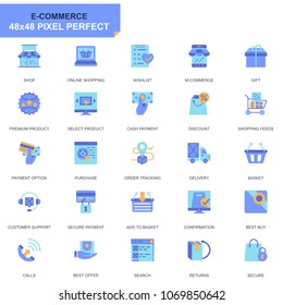 Simple Set E-Commerce and Shopping Flat Icons for Website and Mobile Apps. Contains such Icons as Delivery, Payment, Basket, Customer, Shop. 48x48 Pixel Perfect. Editable Stroke. Vector illustration.