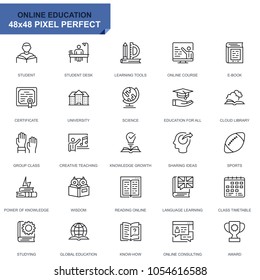 Simple Set Education and Knowledge Line Icons for Website and Mobile Apps. Contains such Icons as Online Course, University, Studying, Book. 48x48 Pixel Perfect. Editable Stroke. Vector illustration.