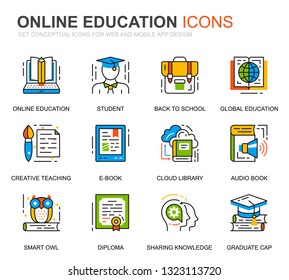 Simple Set Education and Knowledge Line Icons for Website and Mobile Apps. Contains such Icons as Studying, School, Graduation, E-Book. Conceptual color line icon. Vector pictogram pack.