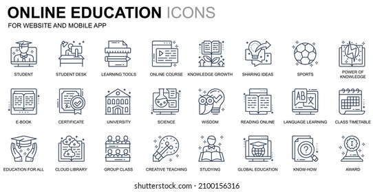 Simple Set Education and Knowledge Line Icons for Website and Mobile Apps. Contains such Icons as Online Course, University, Studying, Book. Conceptual color line icon. Vector pictogram pack.