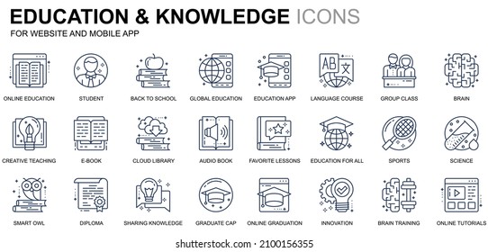 Simple Set Education and Knowledge Line Icons for Website and Mobile Apps. Contains such Icons as Studying, School, Graduation, E-Book. Conceptual color line icon. Vector pictogram pack.