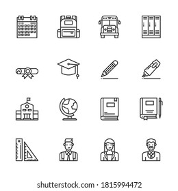 Simple Set of  Education  Line Icons  vector illustration, Outline symbol collection, student,  backpack, school bus, learning 
