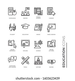 Simple Set of Education Related Vector Line Icons. Contains such Icons as Online Education, Video Lesson, Hat, Ebooks and more. isolated on white background