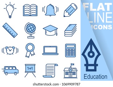 Simple Set of education vector flat line blue Icons - bulb, workbook, bell, pencil, ruler, globe, hat, book, alarm clock, awards, notebok, calculator, bus, blackboard, certificate, school