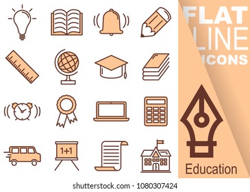 Simple Set of education vector flat line red Icons - bulb, workbook, bell, pencil, ruler, globe, hat, book, alarm clock, awards, notebok, calculator, bus, blackboard, certificate, school