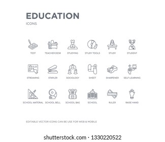 simple set of education vector line icons. contains such icons as raise hand, ruler, school, school bag, school bell, material, self-learning, sharpener, sheet and more. editable pixel perfect.