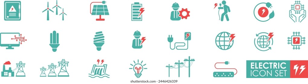 Simple Set of Electric icons. Solid icon simple style. It contains vector illustrations of the generation of electricity, windmills, Solar cells, energy, electricity, dam, and electric poles.