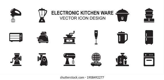 Simple Set of electric kitchenware and cooking Vector icon user interface graphic design. Contains such Icons as hand mixer, juicer, rice cooker, coffee grinder, meat mincer, refrigerator, oven