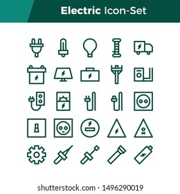 Simple Set of Electric Related Vector Line Icons. Contains such Icons as Bulb, Battery, Setting, Solar panel, and more. Editable Stroke. 32x32 Pixel Perfect.