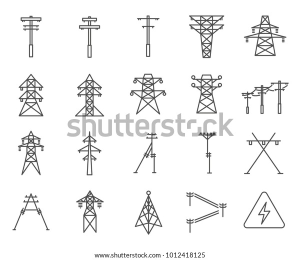 電気塔関連のベクター線の簡単なセットアイコン 電気 グリッド タワー 落雷放電 ワイヤ 電線などのアイコンが含まれます のベクター画像素材 ロイヤリティフリー