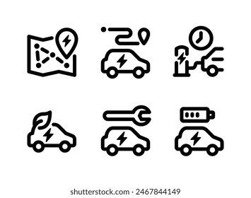 Einfache Gruppe von Elektrofahrzeug-bezogenen Linien-Icons. Enthält Symbole wie Ladenetzwerk, Entfernungsbereich, Ladezeit und mehr.