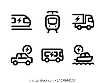 Einfache Gruppe von Elektrofahrzeug-bezogenen Linien-Icons. Enthält Symbole wie Zug, Straßenbahn, LKW und mehr.