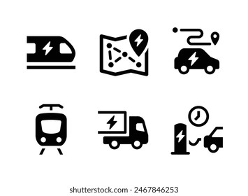 Simple Set of Electric Vehicle Related Solid Icons. Contains Icons as Train, Charging Network, Driving Range and more.