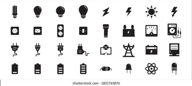 Simple Set of electricity component Related Vector icon graphic design template. Contains such Icons as light bulb, electric shock symbol, flashlight, torch, power line tower, plugin and battery