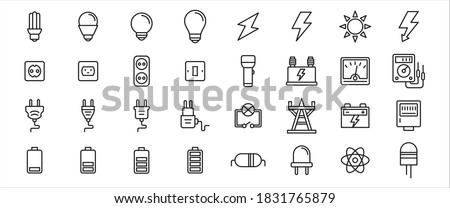 Simple Set of electricity component Related Vector icon graphic design template. Contains such Icons as light bulb, electric shock symbol, flashlight, torch, power line tower, plugin and battery