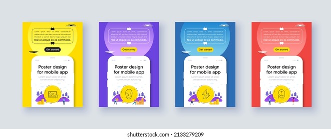 Simple set of Electricity, Face biometrics and Upload photo line icons. Poster offer design with phone interface mockup. Include Swipe up icons. For web, application. Vector