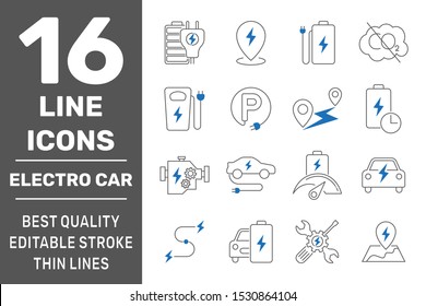 Simple set of electro car related vector line icons. Contains such icons as charger station, travel distance, battery of car and more. Editable Stroke. EPS 10