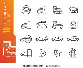 Simple Set Of Electro Car Related Vector Line Icons. Contains Such Icons As Charger Station, Travel Distance, Torque, Power And More. 