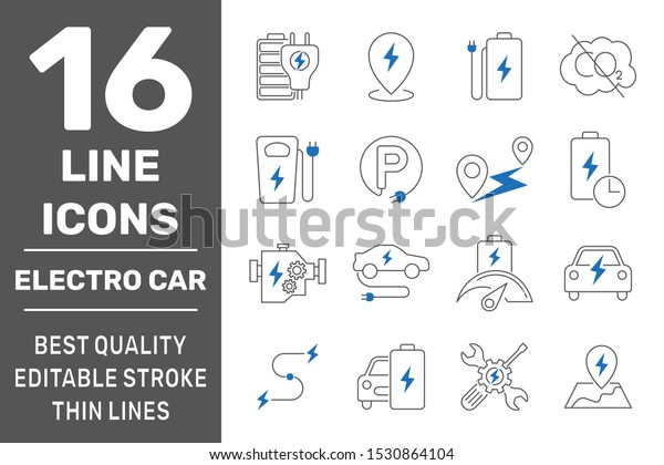 Simple set of electro car related\
vector line icons. Contains such icons as charger station, travel\
distance, battery of car and more. Editable Stroke. EPS\
10