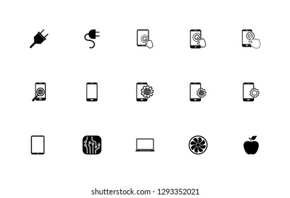 Simple set of electronic  devices icons: Electrical plug; Touchpad; Microchip on smart phone; Ventilation; Exhaust fan; Laptop as a business tool; Apple.