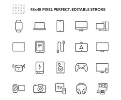 Simple Set Of Electronic Devices Related Vector Line Icons. 
Contains Such Icons As Game Console, Smart Speaker, Action Camera And More. Editable Stroke. 48x48 Pixel Perfect.