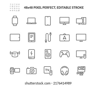 Simple Set of Electronic Devices Related Vector Line Icons. 
Contains such Icons as Game Console, Smart Speaker, Action Camera and more. Editable Stroke. 48x48 Pixel Perfect.