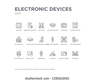 simple set of electronic devices vector line icons. contains such icons as speakers, graphic tablet, scanner, smartband, smart light, copy machine, video recorder, weighing, activity tracker and