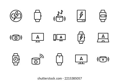 Simple set of electronics related vector linear icons. Contains icons such as: phone, computer, monitor, technology, web icons, vector, speaker, column and more. Editable stroke 48x48 pixels perfect.