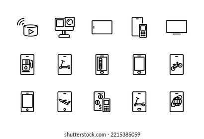 Simple set of electronics related vector linear icons. Contains icons such as: phone, computer, monitor, technology, web icons, vector, speaker, column and more. Editable stroke 48x48 pixels perfect.