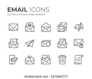 Juego simple de iconos de línea de correo electrónico. Trazo editable. Pixel Perfecto.