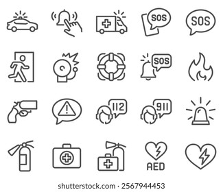 Simple Set of Emergency Related Vector Line Icons. Contains such Icons as Automated external defibrillator, Siren, Emergency phone number and more. Editable Stroke.