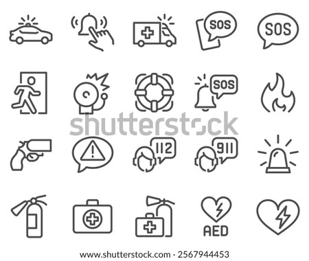 Simple Set of Emergency Related Vector Line Icons. Contains such Icons as Automated external defibrillator, Siren, Emergency phone number and more. Editable Stroke.