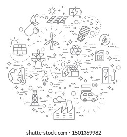 Simple Set of energy and ecology Related Vector Line Illustration. Contains such Icons as battery, solar power, oil and more. Modern style line drawing and background color white.