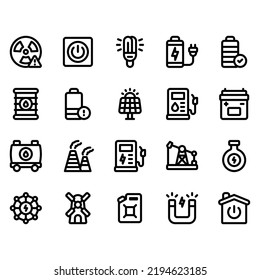 simple set of energy icon with line style. Contains such icon as progress, obstacle, leader and more. Pixel perfect icon. 32 px grid. Editable stroke