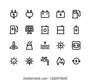 Simple Set of Energy Related Vector Line Icons. Contains such Icons as plug, battery, gas, solar, oil, sun and More. pixel perfect vector icons based on 32px grid. Well Organized and Layered