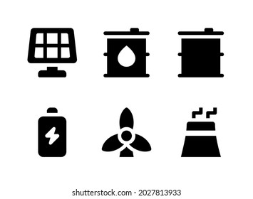 Simple Set of Energy Related Vector Solid Icons. Contains Icons as Solar Panel, Oil Barrel, Battery Charge, Air Turbine and more.