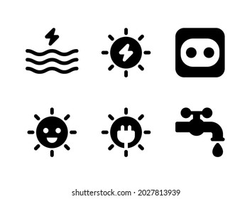 Einfache Set von energieverbrauchsrelevanten Vektor-Solid-Symbolen. Enthält Symbole wie Wasserenergie, Sonnenenergie, Steckdosen, Sonnenenergie und mehr.