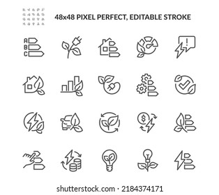 Simple Set of Energy Saving Related Vector Line Icons. 
Contains such Icons as Energy Costs, Power Consumption Level, Green House and more. Editable Stroke. 48x48 Pixel Perfect.