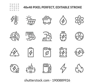 Simple Set of Energy Types Related Vector Line Icons. Contains such Icons as Hydroelectric Power Station, Solar Cells, Fossil Fuels and more. Editable Stroke. 48x48 Pixel Perfect.