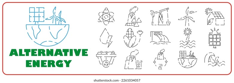 Conjunto simple de tipos de energía relacionados con los iconos de línea de vectores. Contiene íconos como la Estación de Energía Hidroeléctrica, células solares, combustibles fósiles y más. Stroke editable. 48x48 Perfecto para píxeles 