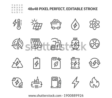 Simple Set of Energy Types Related Vector Line Icons. Contains such Icons as Hydroelectric Power Station, Solar Cells, Fossil Fuels and more. Editable Stroke. 48x48 Pixel Perfect. Foto d'archivio © 