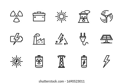 A simple set of energy-related vector linear icons. Contains icons such as: electricity, nuclear power, battery, solar power, wind power, and more. Editable Stroke. 48x48 pixels is fine.